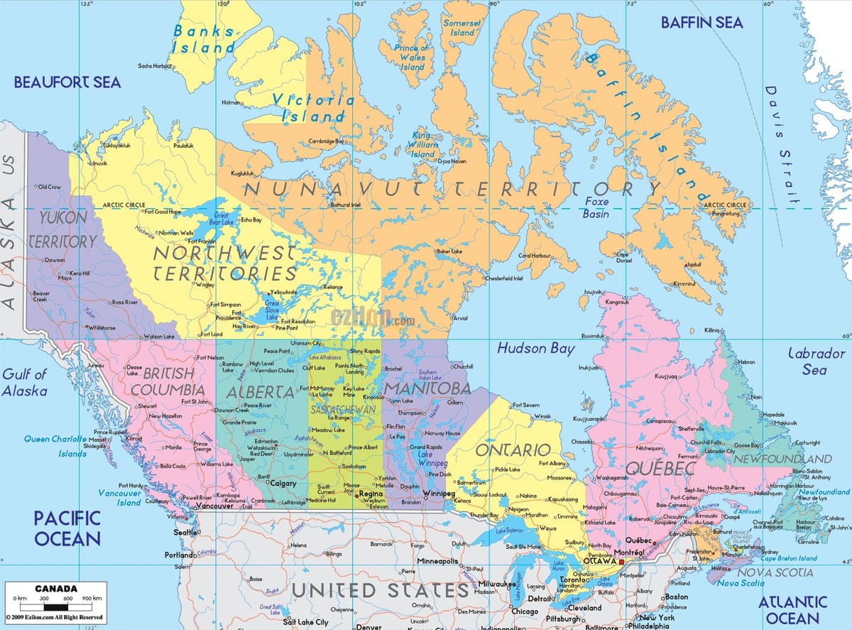 mappa del Canada mostrando città