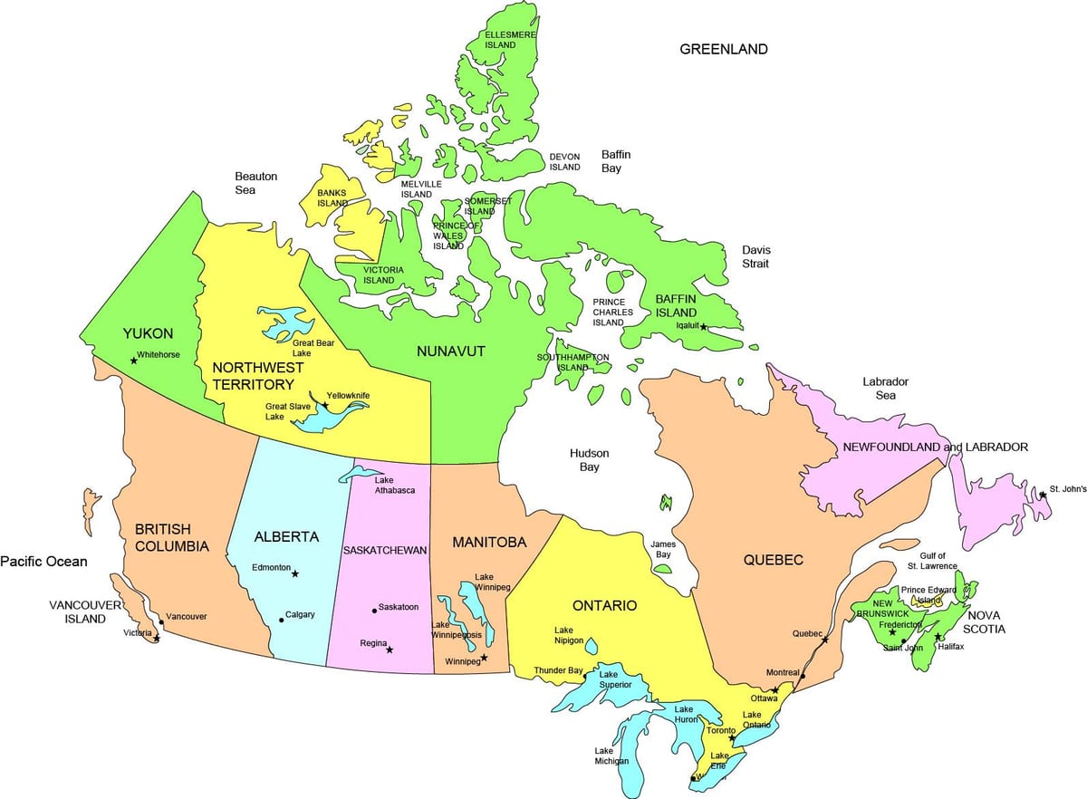 mappa del Canada mostrando uniti