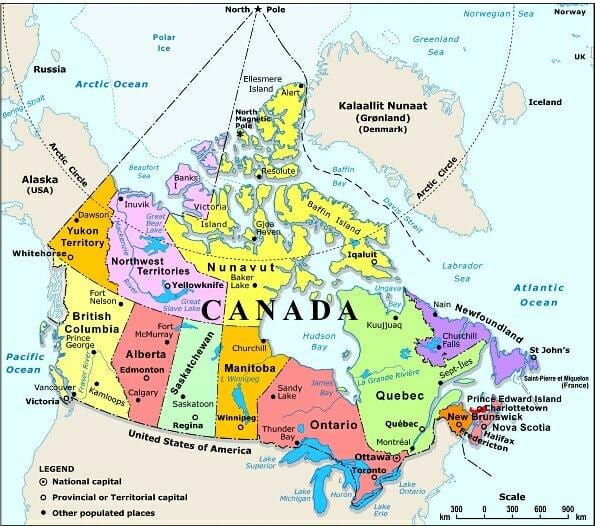 mappa del Canada occidentale con la città