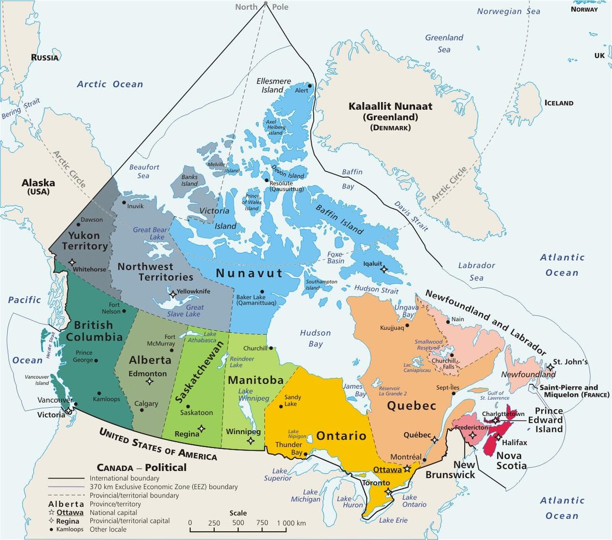 colorato mappa del Canada con le province