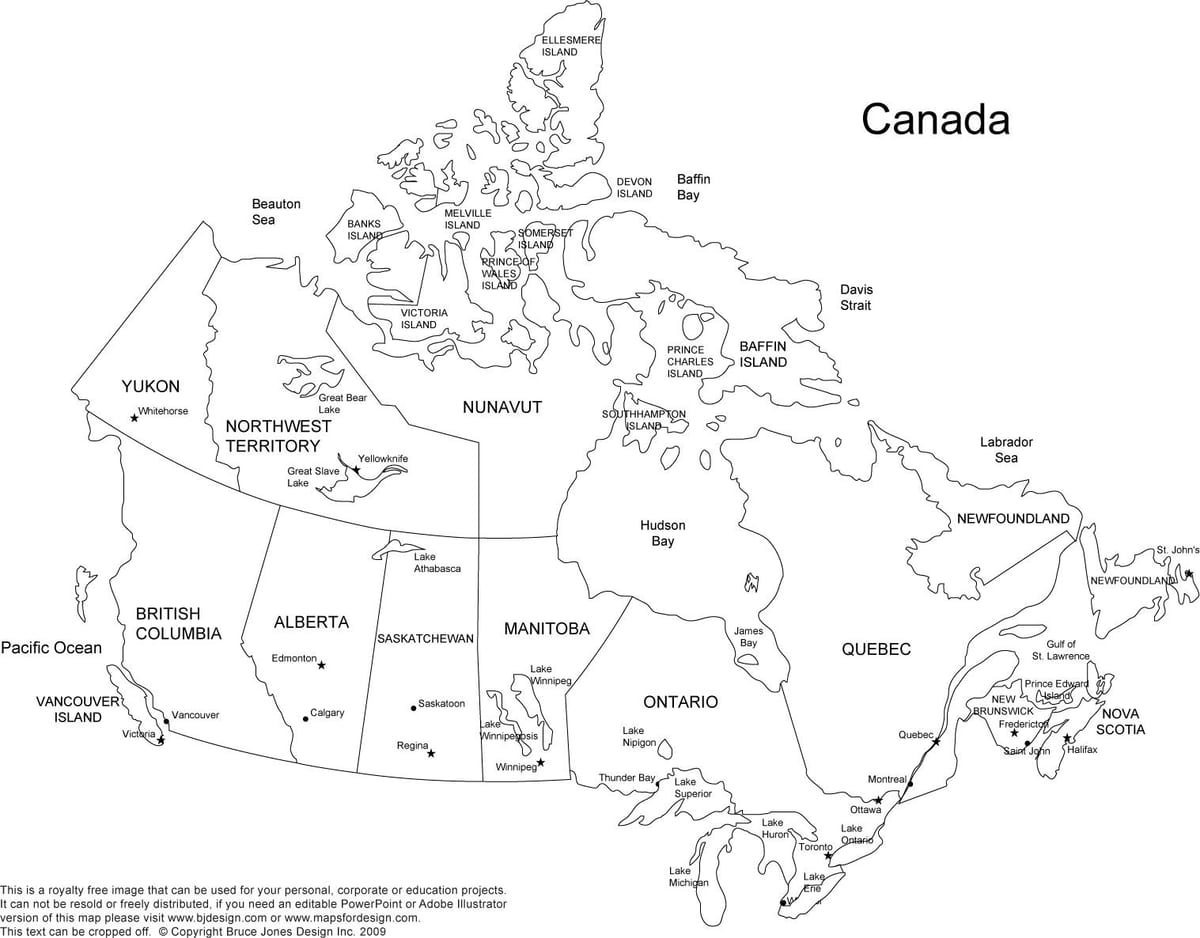 mappa del Canada e delle province e capoluoghi
