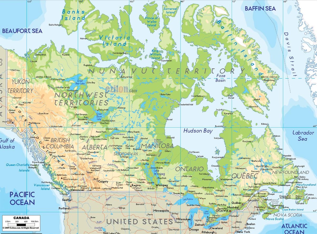 una mappa fisica del Canada